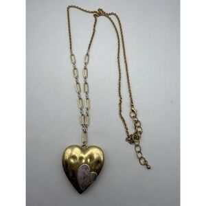 Gold Tone Heart Pendant Necklace – Mixed Metal Paperclip Chain – 18 Inch